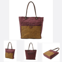 Women Waterproof Waxing Canvas With Leather Tote Bag Patchwork Handbag