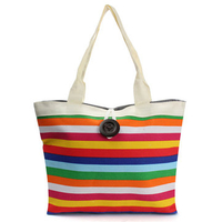 Women Wave Button Canvas Stripe Tote Rainbow Shopping Bag Handbag