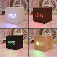 Wooden Cube USB LED Alarm Digital Desk Clock Voice Control