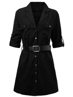 Work Women Belt Pockets Long Sleeve Single Breasted Solid Lapel OL Dress