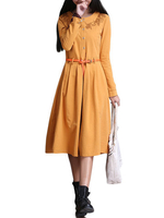 Yellow Embroidery Long Sleeve Ginger Vintage Women Dress