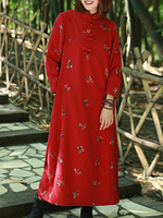 ZHI Floral Printed Plate Buckle Long Sleeve Maxi Dresses For Women