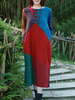 ZHI Patchwork Long Sleeve Plate Buckle Maxi Vintage Dresses