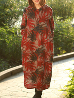 ZHI Printed Long Sleeve Hooded Side Split Vintage Maxi Dresses