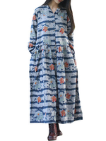 ZHI Vintage Floral Printed Buttons Long Sleeve Loose Maxi Dresses