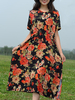 ZHI Vintage Floral Printed Short Sleeve Pocket Side Split Dresses