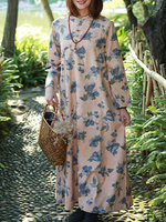 ZHI Vintage Women Floral Printed Stand Collar Long Maxi Dresses