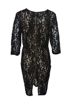 Zipper Sexy Lace Black Hollow Out Short Sleeve Midi Dress