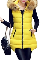 Zipper Slim Thick Casual Fur Collar Sleeveless Hood Long Coat