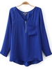 Zipper V Neck Pure Color Loose Long Sleeve Casual Women Blouse