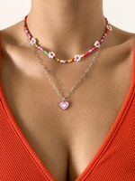 2 Pièces Collier Motif Fleurs et Cœurs en Gouttes avec Perles