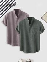 2 Pièces Ensemble de Chemise en Couleur Unie Manches Courtes à Col Debout M Multi b