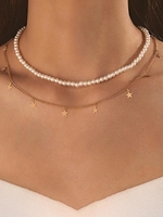 2 Pièces Ensemble de Collier Chaîne Superposé en Fausse Perle