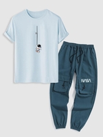 2 Pièces Ensemble de T-shirt à Imprimé Astronaute à Manches Courtes et de Pantalon Cargo Taille unique Bleu clair
