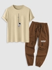 2 Pièces Ensemble de T-shirt à Imprimé Astronaute à Manches Courtes et de Pantalon Cargo Taille unique Café