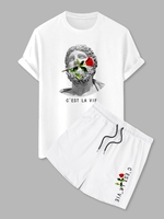2 Pièces Ensemble de T-shirt à Imprimé Rose et Short à Cordon à Slogan C
