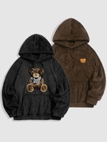 2 Pièces Sweat à Capuche Ours Brodé Fourré Taille unique Café