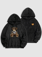 2 Pièces Sweat à Capuche Ours Brodé Fourré Taille unique Noir