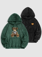 2 Pièces Sweat à Capuche Ours Brodé Fourré Taille unique Vert profond