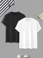 2 Pièces T-shirt de Base Simple en Couleur Unie M Multi a