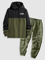 2 Pièces Veste à Capuche Bicolore Zippée avec Pantalon de Jogging Techwear Taille unique Vert profond