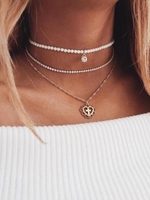 3 Pièces Collier Superposé Cœur Strass avec Fausse Perle