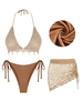3 Pièces Ensemble avec Haut de Bikini Au Crochet Coquille et Bas de Bikini Noué à Côté Taille unique Café
