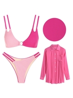 3 Pièces Ensemble de Bikini Texturé Bicolore à Bretelle Anneau en O et Jupe de Plage Longue Taille unique Rose clair