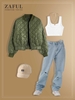 3 Pièces Ensemble de Blouson Aviateur Côtelé et Jean Déchiré à Taille Haute Taille unique Vert profond