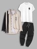 3 Pièces Ensemble de Chemise Rose Brodée en Blocs de Couleurs en Velours Côtelé T-shirt et Pantalon Cargo Techwear Taille unique Noir