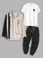 3 Pièces Ensemble de Chemise Rose Brodée en Blocs de Couleurs en Velours Côtelé T-shirt et Pantalon Cargo Techwear Taille unique Noir