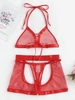3 Pièces Ensemble de Lingerie Anneau en Résille à Jambe Haute M Rouge