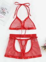 3 Pièces Ensemble de Lingerie Anneau en Résille à Jambe Haute M Rouge