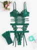 3 Pièces Ensemble de Lingerie de Bustier à Armature Garniture en Dentelle avec Jarretière (Inclure Chaussettes de Collant en Maille) L Vert