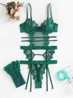 3 Pièces Ensemble de Lingerie de Bustier à Armature Garniture en Dentelle avec Jarretière (Inclure Chaussettes de Collant en Maille) L Vert
