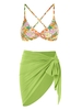 3 Pièces Ensemble de Maillot de Bain Bikini Cheeky Torsadé à Imprimé Fleuri avec Paréo Taille unique Vert