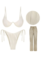 3 Pièces Ensemble de Maillot de Bain Bikini Côtelé Noué à Côté et Pantalon Cache-maillot Au Crochet Taille unique Café lumière