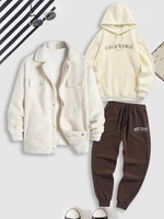 3 Pièces Ensemble de Pantalon de Survêtement Lettre Brodée en Polaire Taille unique Café lumière