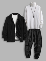 3 Pièces Ensemble de Pull de Base Fourré en Couleur Unie à Col Roulé Veste Polaire Boutonnée avec et Pantalon de Jogging Cargo Taille unique Noir