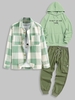 3 Pièces Ensemble de Sweat à Capuche Pull-over à Carreaux et de Pantalon Cargo Techwear Taille unique Vert clair