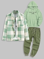 3 Pièces Ensemble de Sweat à Capuche Pull-over à Carreaux et de Pantalon Cargo Techwear Taille unique Vert clair