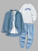 3 Pièces Ensemble de Sweat-shirt à Imprimé Lettre en Couleur Unie en Velours Côtelé et Pantalon Cargo de Jogging Taille unique Bleu