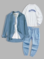 3 Pièces Ensemble de Sweat-shirt à Imprimé Lettre en Couleur Unie en Velours Côtelé et Pantalon Cargo de Jogging Taille unique Bleu