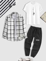 3 Pièces Ensemble de T-shirt à Imprimé Astronaute Chemise à Carreaux en Flanelle et Pantalon Cargo à Imprimé Lettre S Blanc