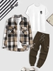 3 Pièces Ensemble de T-shirt à Imprimé Rose Surchemise à Carreaux et Pantalon Cargo Taille unique Café