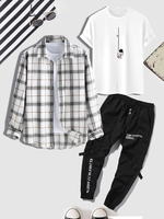 3 Pièces Ensemble de T-shirt Astronaute Graphique et Carreaux Chemise à Manches Longues en Flanelle et Pantalon Cargo de Jogging Taille unique Blanc