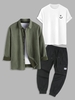 3 Pièces Ensemble de T-shirt Basique Chemise en Faux Daim et de Pantalon Cargo Streetwear à Pieds Etroits Taille unique Vert profond