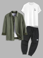 3 Pièces Ensemble de T-shirt Basique Chemise en Faux Daim et de Pantalon Cargo Streetwear à Pieds Etroits Taille unique Vert profond