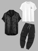 3 Pièces Ensemble de T-shirt Basique Chemise en Jacquard et de Pantalon Cargo Techwear Taille unique Noir
