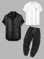 3 Pièces Ensemble de T-shirt Basique Chemise en Jacquard et de Pantalon Cargo Techwear Taille unique Noir
